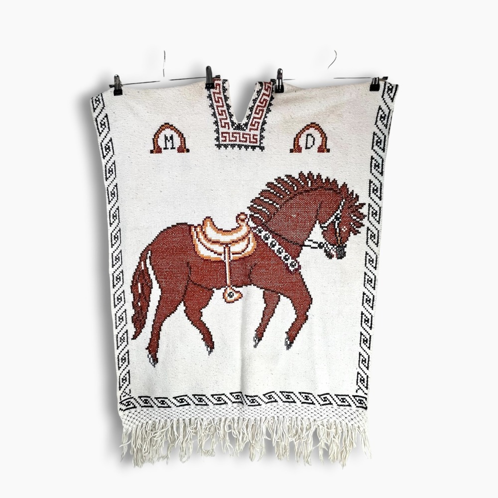 Vintage Mexican Woven Poncho Horse Equestrian Western Cream Brown Fringe MD